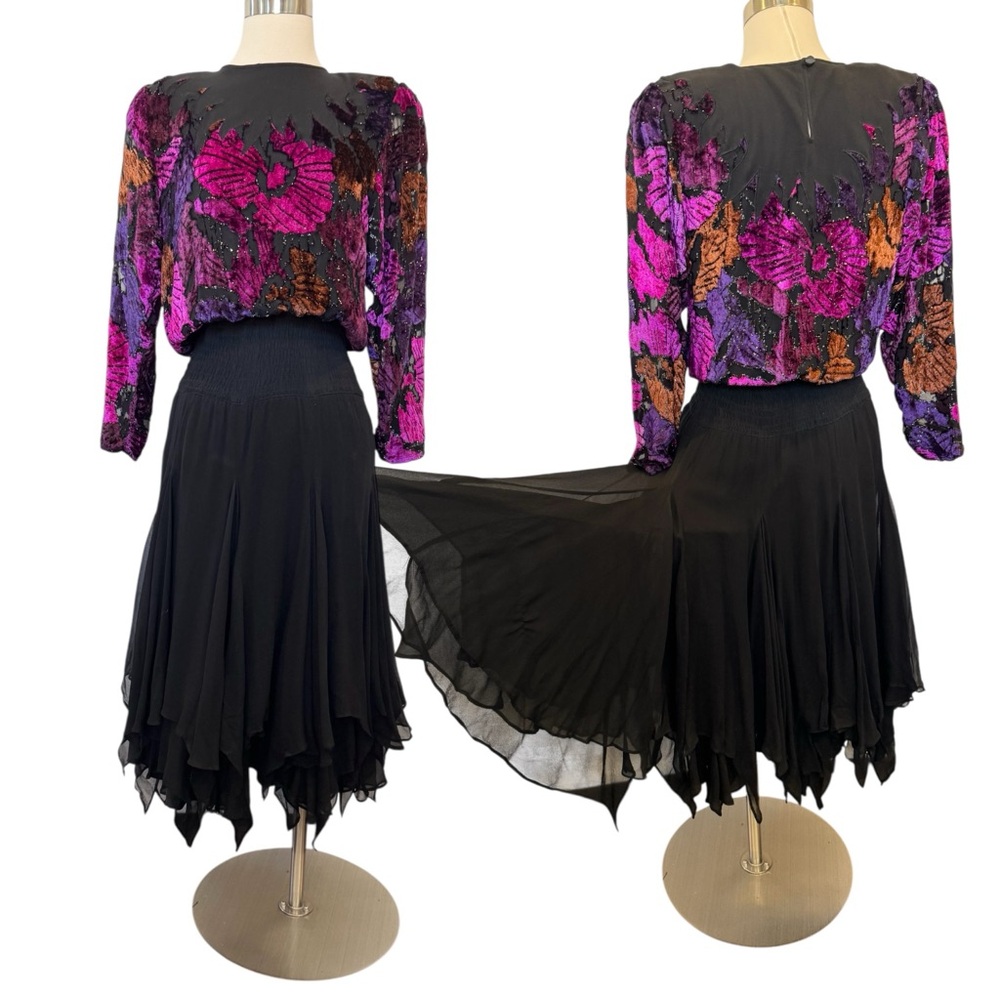 Vintage Diane Freis Limited Edition Silky Chiffon Velvet Burnout Ruffle Dress 🔥 - Picture 11 of 11